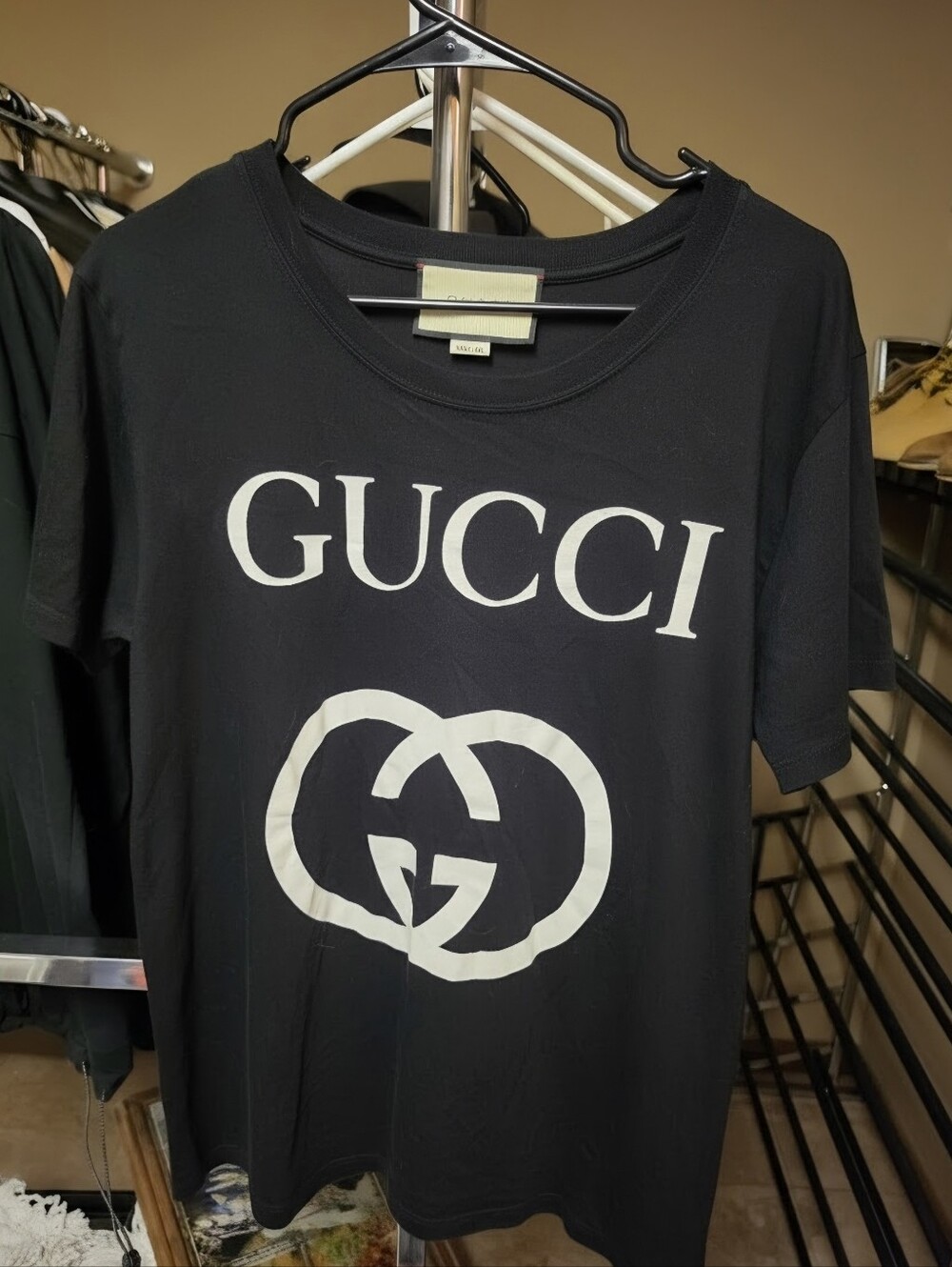 Mens Gucci Black Tee with White Logo Print